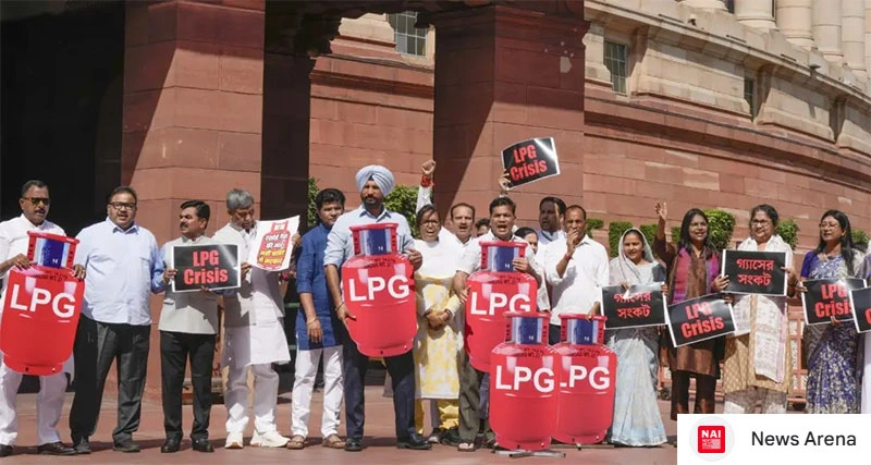 Opposition leaders protest against LPG crisis during the second part of Budget session of Parliament